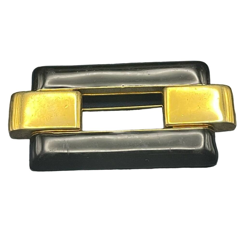 Monet Open Bar Pin Black Lucite & Gold Tone 2.5" Brooch Signed Estate Jewelry